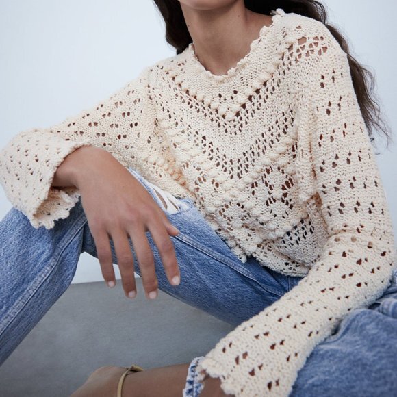 Cream Zara Textured Crochet Knit Long Sleeve Sweater (NWT) - Picture 2 of 5
